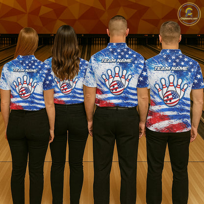 Red, White and Blue American Flag Bowling Shirts For Women Custom patriotic Team Bowling Jerseys NQS11505