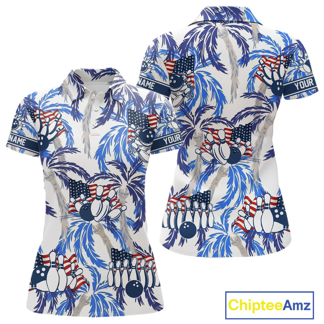 Blue Palm tropical pattern American Flag Bowling shirts For Women custom bowling team jerseys NQS11097