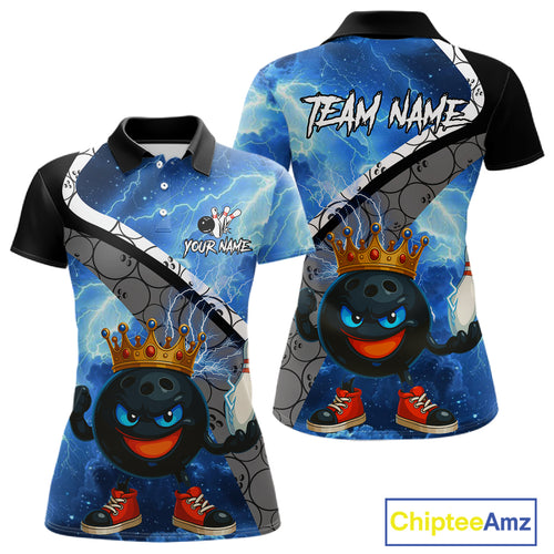 Funny King Crown Bowling Blue Lightning Thunder Bowling Shirts for Women Custom Bowling Team Jersey NQS10928