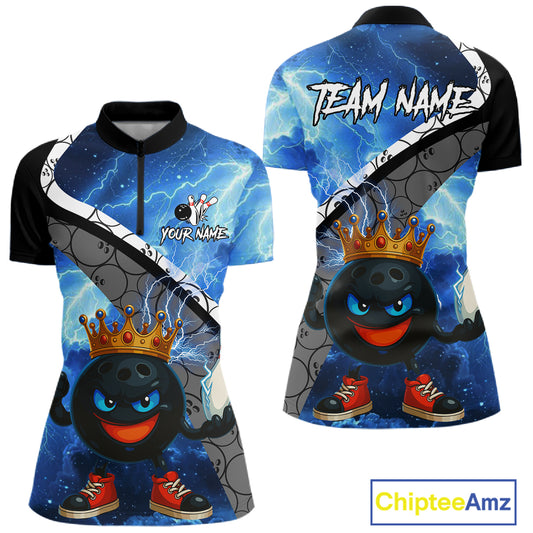 Funny King Crown Bowling Blue Lightning Thunder Bowling Shirts for Women Custom Bowling Team Jersey NQS10928