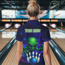 Load image into Gallery viewer, Funny Galaxy Alien Bowling Polo, 1/4 Zip Shirt For Women Custom Bowling Team Outfit, Gift For Bowler NQS10729