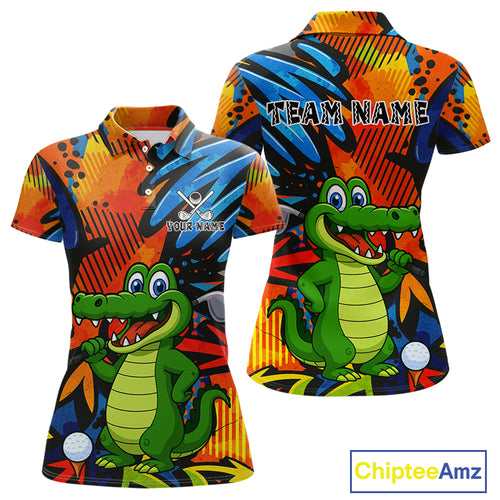Custom Funny Colorful Graffiti Alligator Golf Polo Shirt For Women, Personalized ladies golf wear NQS10736