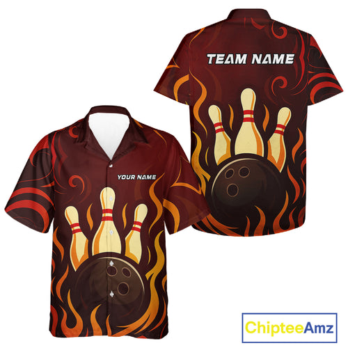 Red Flame Tribal Bowling Hawaiian Shirts Custom Team Bowling League Button up shirts NQS10747