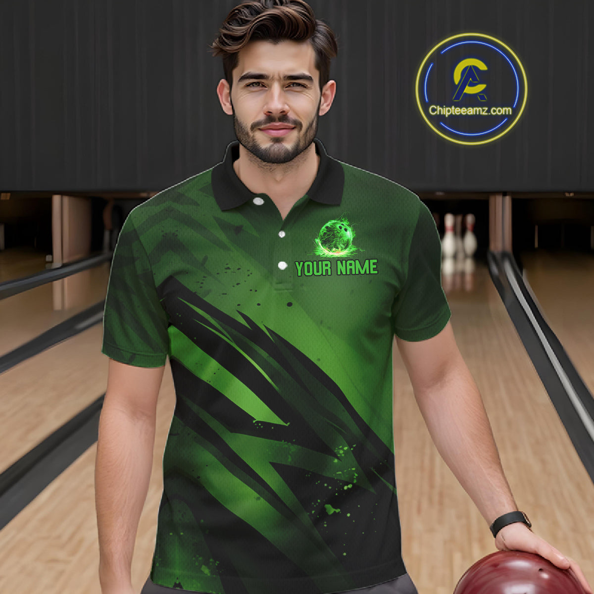 Custom Black and Green Flame Mens Bowling Shirts, Bowling Polo, 1/4 Zip Team Jerseys NQS11130