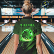 Load image into Gallery viewer, Custom Black and Green Flame Womens Bowling Shirts, Bowling Polo, 1/4 Zip Team Jerseys NQS11130