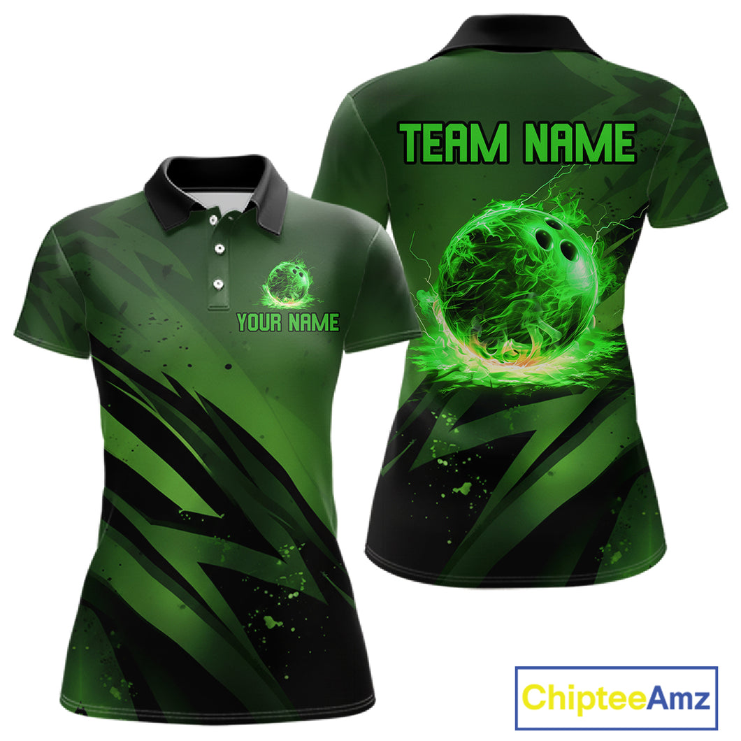 Custom Black and Green Flame Womens Bowling Shirts, Bowling Polo, 1/4 Zip Team Jerseys NQS11130