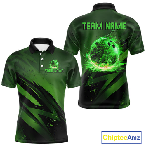 Custom Black and Green Flame Mens Bowling Shirts, Bowling Polo, 1/4 Zip Team Jerseys NQS11130