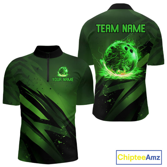 Custom Black and Green Flame Mens Bowling Shirts, Bowling Polo, 1/4 Zip Team Jerseys NQS11130