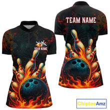 Load image into Gallery viewer, Red Flame Bowling Polo, Quarter Zip Shirts for Women Custom Team Bowling Outfit, Gift for Bowlers NQS10752