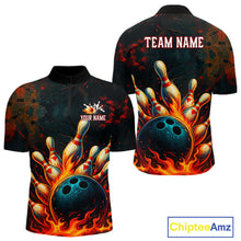 Load image into Gallery viewer, Red Flame Bowling Polo, Quarter Zip Shirts for Men Custom Team Bowling Outfit, Gift for Bowlers NQS10752