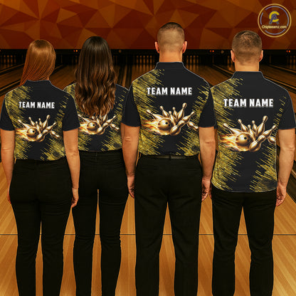 Black and Gold Flame Bowling Shirts For Men Custom Team Bowling jerseys, Gift For Bowlers NQS11342