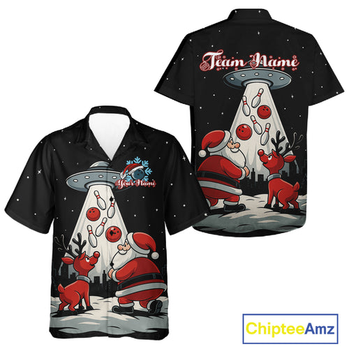 Funny Santa UFO Alien Black Bowling Hawaiian Shirt Custom Christmas Team Bowling Jersey NQS10766