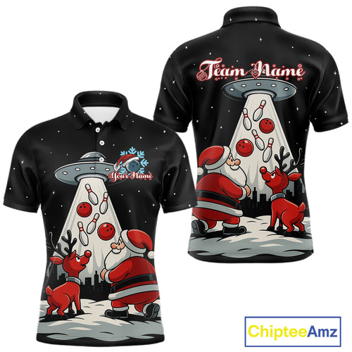 Funny Santa UFO Alien Black Bowling Polo, 1/4 Zip Shirts For Men Custom Christmas Team Bowling Jersey NQS10766