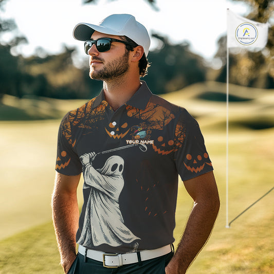 Funny black and orange Ghost Golfer Halloween Golf Polo Shirt For Men Custom golf attire for men NQS10767
