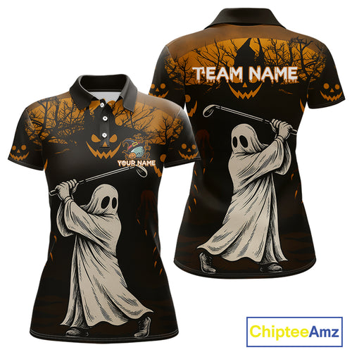 Funny black and orange Ghost Golfer Halloween Golf Polo Shirt For Women Custom golf attire for ladies NQS10767
