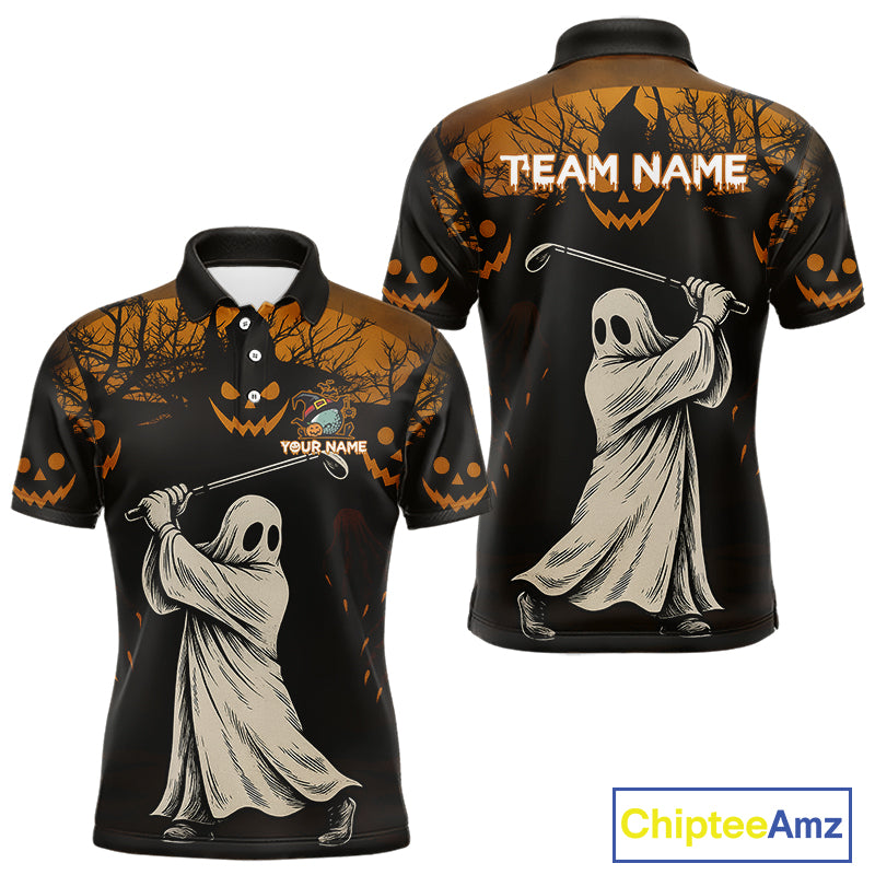 Funny black and orange Ghost Golfer Halloween Golf Polo Shirt For Men Custom golf attire for men NQS10767
