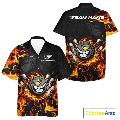 Funny Angry Bowling Button-up Shirt Custom Black and Orange Flame Bowling Hawaiian Team jerseys NQS11683