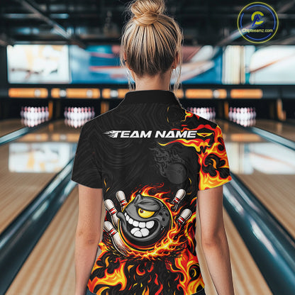 Funny Angry Bowling Polo, 1/4 Zip Shirt for Women Custom Black and Orange Flame Bowling Team jerseys NQS11683