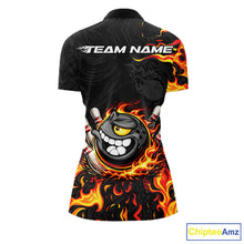 Load image into Gallery viewer, Funny Angry Bowling Polo, 1/4 Zip Shirt for Women Custom Black and Orange Flame Bowling Team jerseys NQS11683