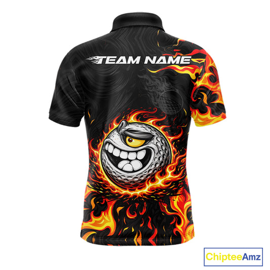 Funny Angry Golf Ball Golf Polo Shirts For Men Custom Black and Orange Flame mens golf apparel NQS11684