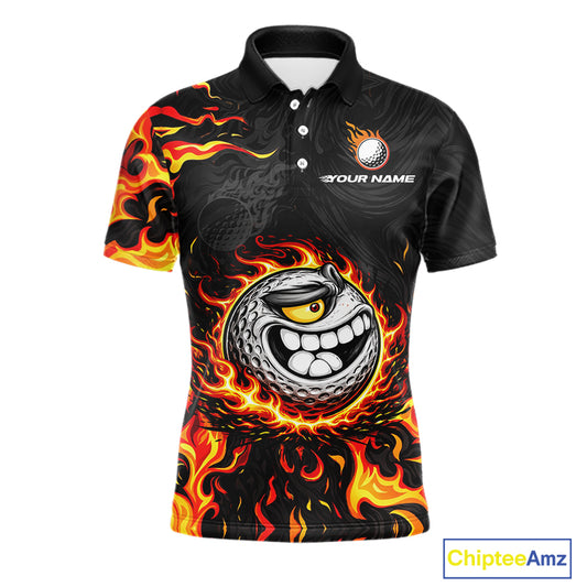 Funny Angry Golf Ball Golf Polo Shirts For Men Custom Black and Orange Flame mens golf apparel NQS11684