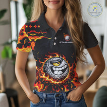 Load image into Gallery viewer, Funny Angry Golf Ball Golf Polo Shirts For Women Custom Black and Orange Flame ladies golf apparel NQS11684