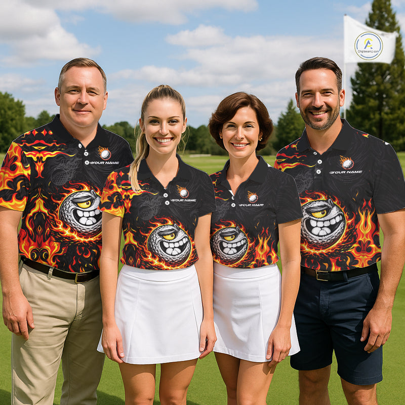 Funny Angry Golf Ball Golf Polo Shirts For Women Custom Black and Orange Flame ladies golf apparel NQS11684