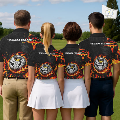 Funny Angry Golf Ball Golf Polo Shirts For Women Custom Black and Orange Flame ladies golf apparel NQS11684