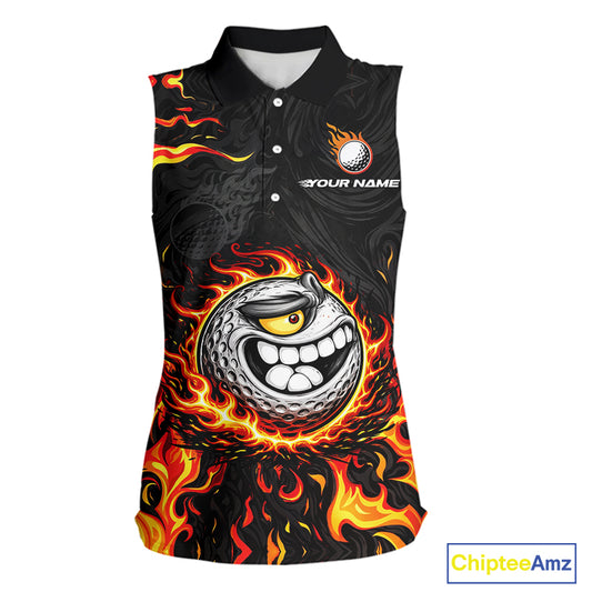 Funny Angry Golf Ball Sleeveless Golf Polo Shirt Custom Black and Orange Flame ladies golf apparel NQS11684