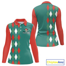 Load image into Gallery viewer, Green, Red &amp; White Christmas argyle pattern Skull Golf Polo Shirt For Women Custom ladies golf outfit NQS10770