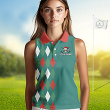 Load image into Gallery viewer, Green, Red &amp; White Christmas argyle pattern Skull Sleeveless Polo Shirt Custom ladies golf outfit NQS10770