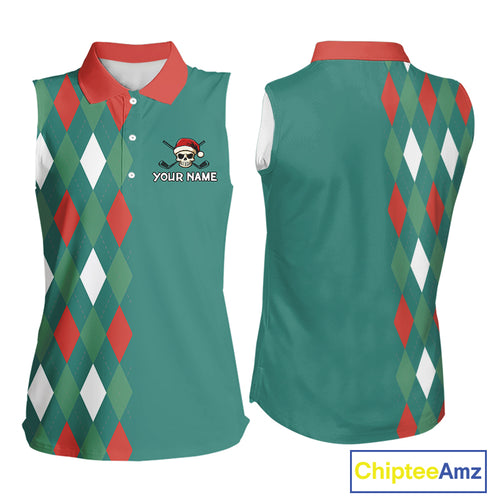 Green, Red & White Christmas argyle pattern Skull Sleeveless Polo Shirt Custom ladies golf outfit NQS10770