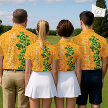 Load image into Gallery viewer, Orange pattern Green clovers St Patrick's Day Mens Golf Polo shirts Custom best golf gifts for men NQS11697