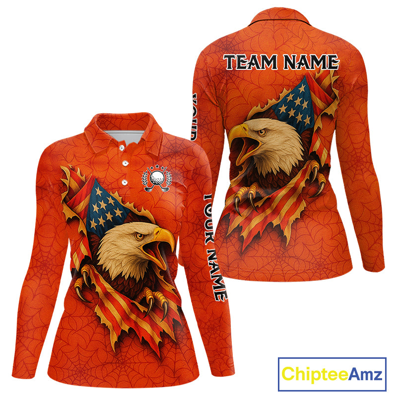 American Flag Eagle Orange spider web Halloween Golf Polo Shirt For Women Custom ladies golf outfit NQS10774