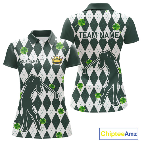 Green argyle pattern lucky shamrock Golf Polo Shirt For Women Custom St. Patrick's ladies golf outfit NQS10775