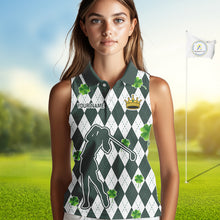 Load image into Gallery viewer, Green argyle pattern lucky shamrock Sleeveless Polo Shirt Custom St. Patrick&#39;s ladies golf outfit NQS10775
