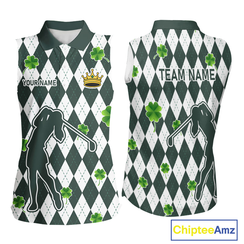 Green argyle pattern lucky shamrock Sleeveless Polo Shirt Custom St. Patrick's ladies golf outfit NQS10775
