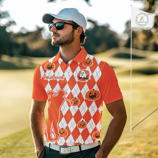 Orange argyle pattern pumpkin Golf Polo Shirt For Men Custom Halloween mens golf outfit NQS10776