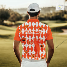 Load image into Gallery viewer, Orange argyle pattern pumpkin Golf Polo Shirt For Men Custom Halloween mens golf outfit NQS10776