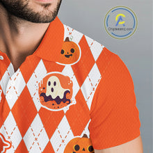 Load image into Gallery viewer, Orange argyle pattern pumpkin Golf Polo Shirt For Men Custom Halloween mens golf outfit NQS10776