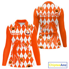 Load image into Gallery viewer, Orange argyle pattern pumpkin Golf Polo Shirt For Women Custom Halloween ladies golf outfit NQS10776