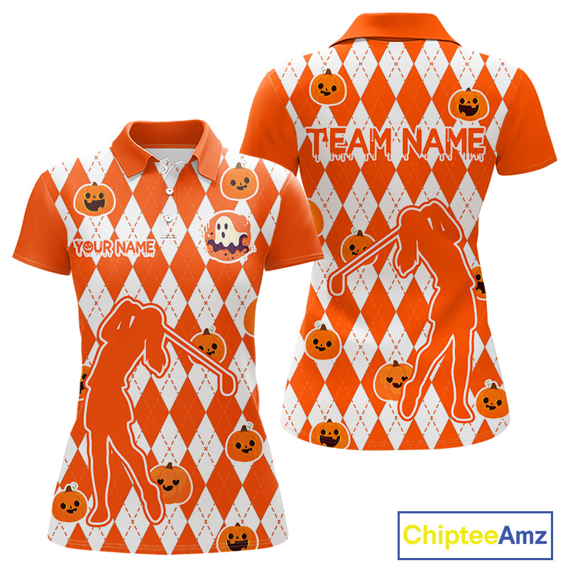 Orange argyle pattern pumpkin Golf Polo Shirt For Women Custom Halloween ladies golf outfit NQS10776