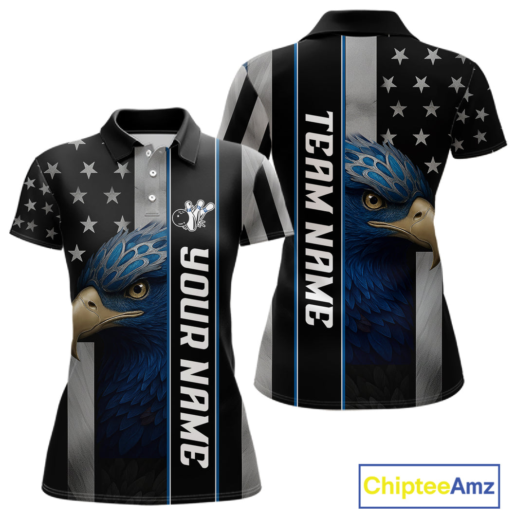 Black American Flag Eagle Bowling Shirts For Women Custom Patriotic Bowling Team Jerseys NQS11152