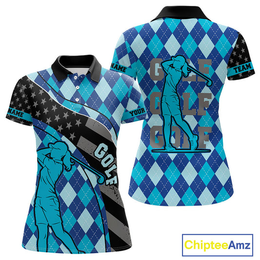 Personalized golf polo shirts for Women blue argyle pattern black American Flag patriotic golf shirts NQS11368