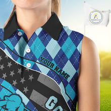 Load image into Gallery viewer, Personalized womens golf shirts sleeveless blue argyle pattern American Flag patriotic golf shirts NQS11368