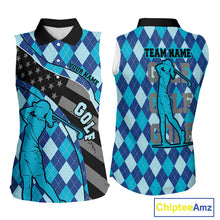 Load image into Gallery viewer, Personalized womens golf shirts sleeveless blue argyle pattern American Flag patriotic golf shirts NQS11368