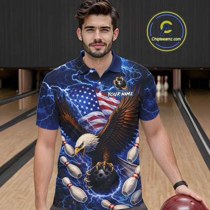 Blue Lightning Thunder US Flag Eagle Bowling Shirts for Men Custom Patriotic Team Bowling Jerseys NQS11580