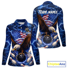 Load image into Gallery viewer, Blue Lightning Thunder US Flag Eagle Bowling Shirts for Women Custom Patriotic Team Bowling Jerseys NQS11580