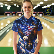 Load image into Gallery viewer, Blue Lightning Thunder US Flag Eagle Bowling Shirts for Women Custom Patriotic Team Bowling Jerseys NQS11580