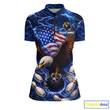 Load image into Gallery viewer, Blue Lightning Thunder US Flag Eagle Bowling Shirts for Women Custom Patriotic Team Bowling Jerseys NQS11580